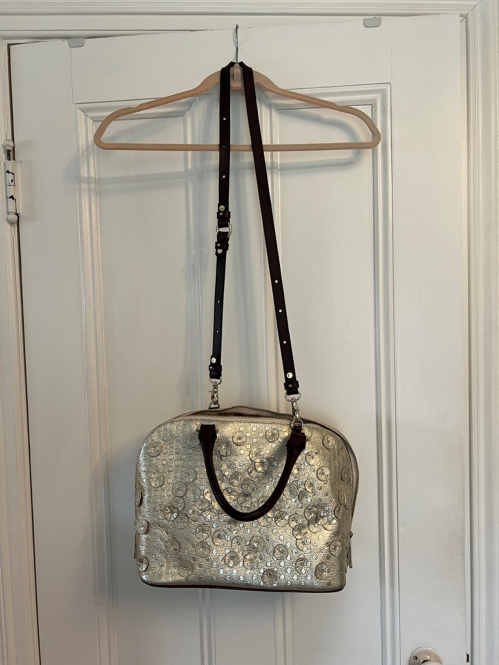 Metallic Embossed Dome Satchel with Removable Strap
